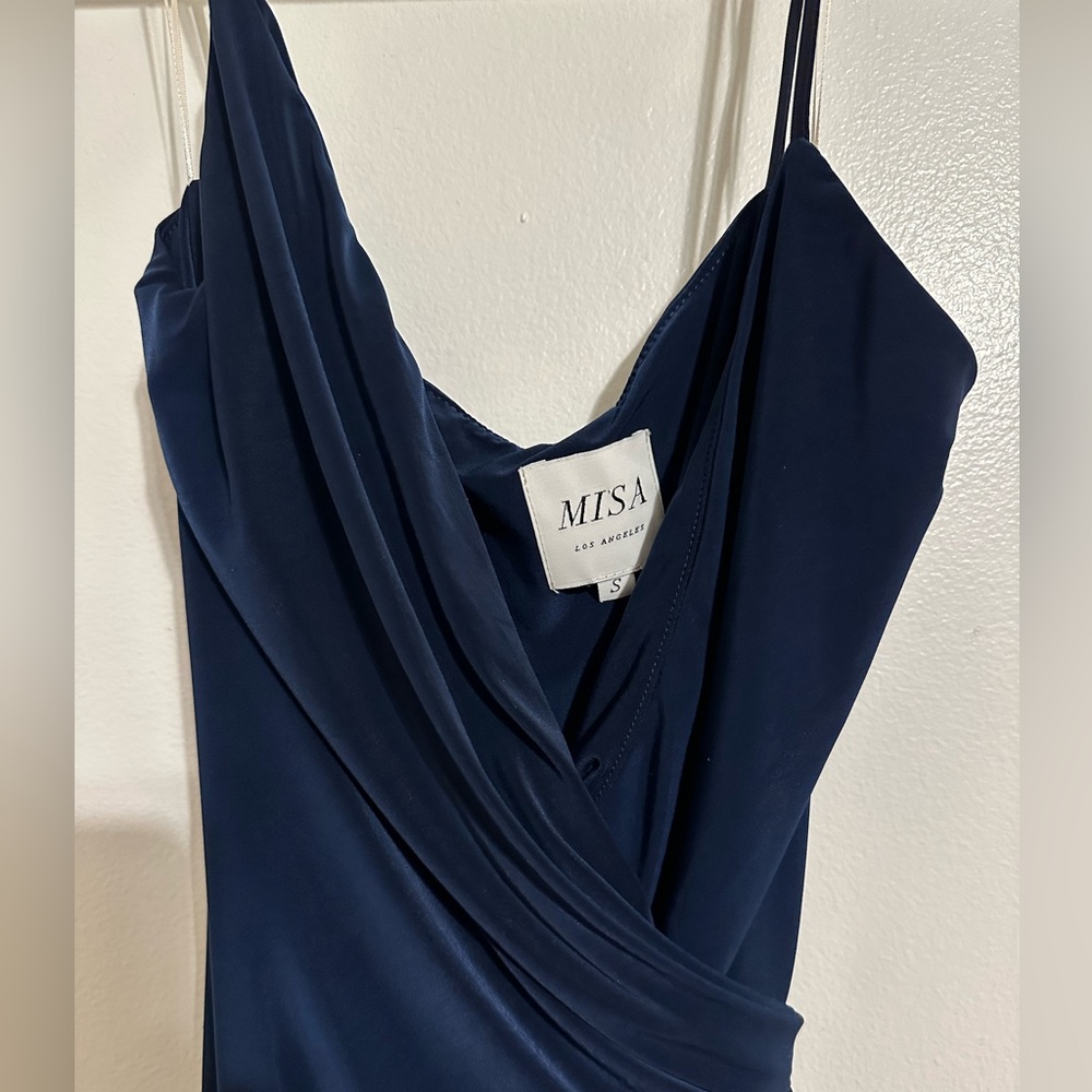 MISA long blue wrap gown, skinny straps, like new!